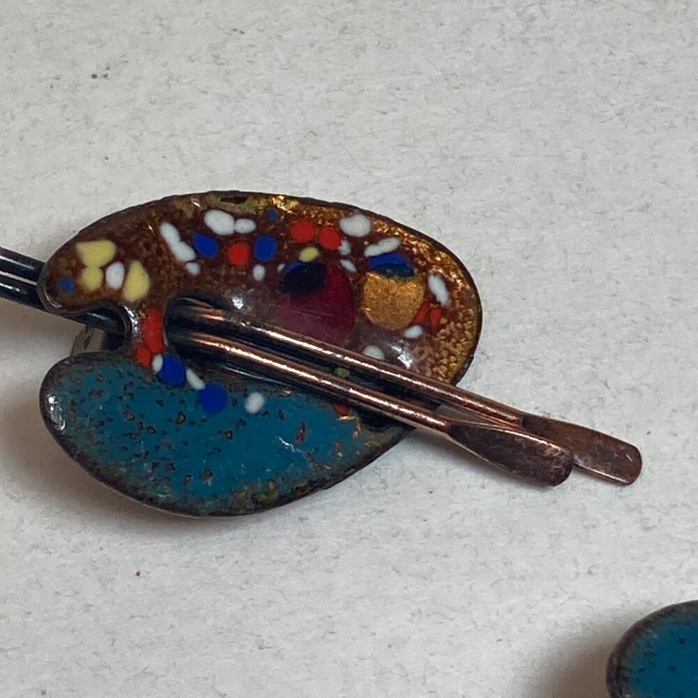 Renoir Matisse Copper Artist Pallet Vintage Clip On Earrings Paintbrush Art Deco - Picture 6 of 8